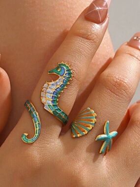 Turquoise and Gold Seahorse & Shell Stackable Ring Set